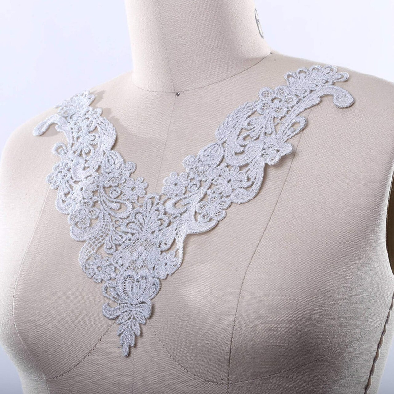 1 Piece Silver Metallic Venice Lace V Shaped Applique Patch for Gowns Dresses and Costumes